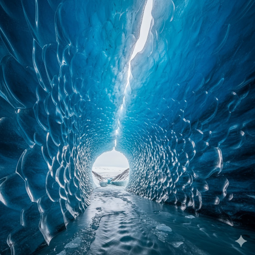 Brilliant sapphire-blue ice cave interior inside Iceland’s Vatnajökull glacier.