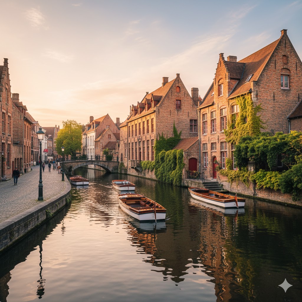 Bruges canal with old brick houses, Belgium