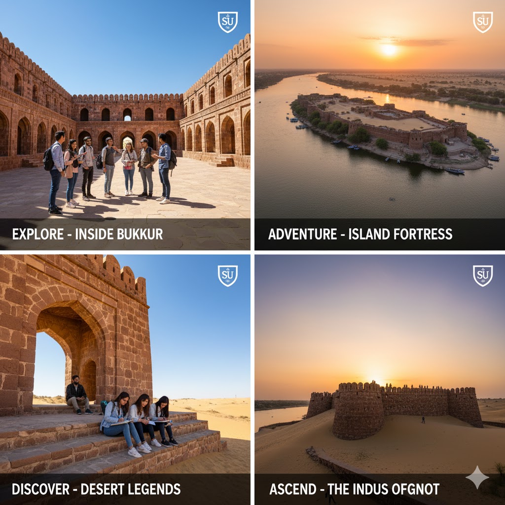 Bukkur Fort island floating in the Indus River at sunset, Sukkur
