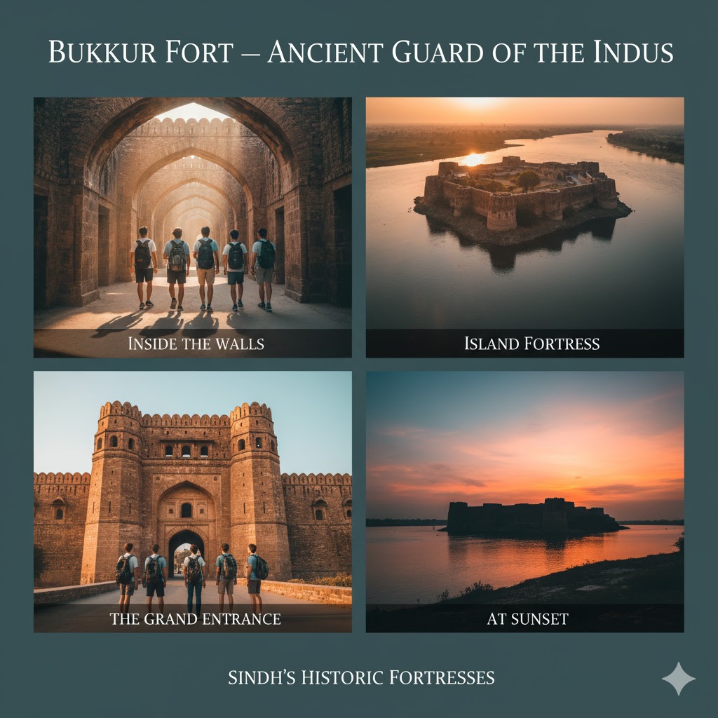 Bukkur Fort island in Indus River at sunset, representing Sindh’s ancient forts