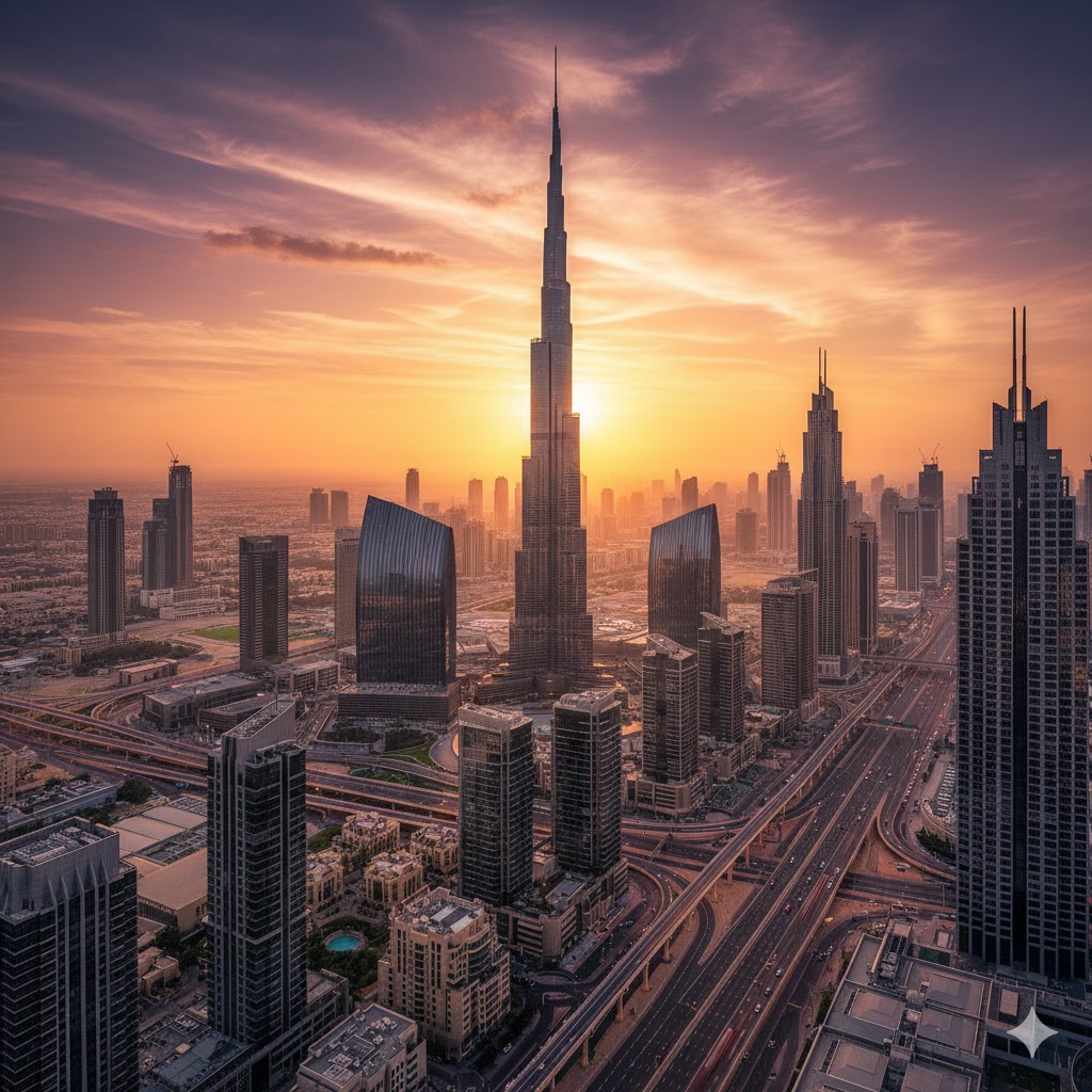 Burj Khalifa skyline during sunset, Dubai, UAE