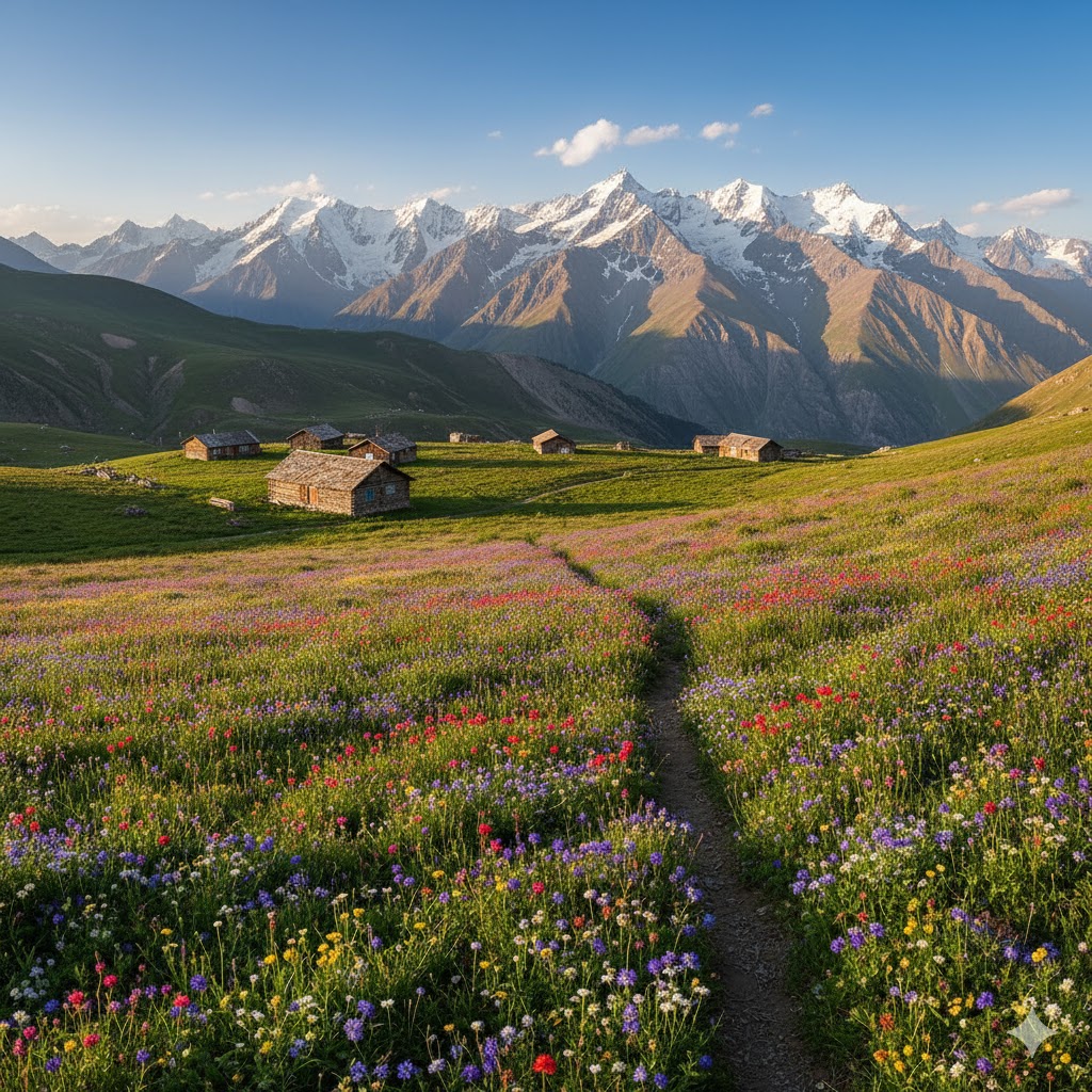 Burzil Pass covered in multicolored wildflowers with snow peaks and alpine cottages visible below.
