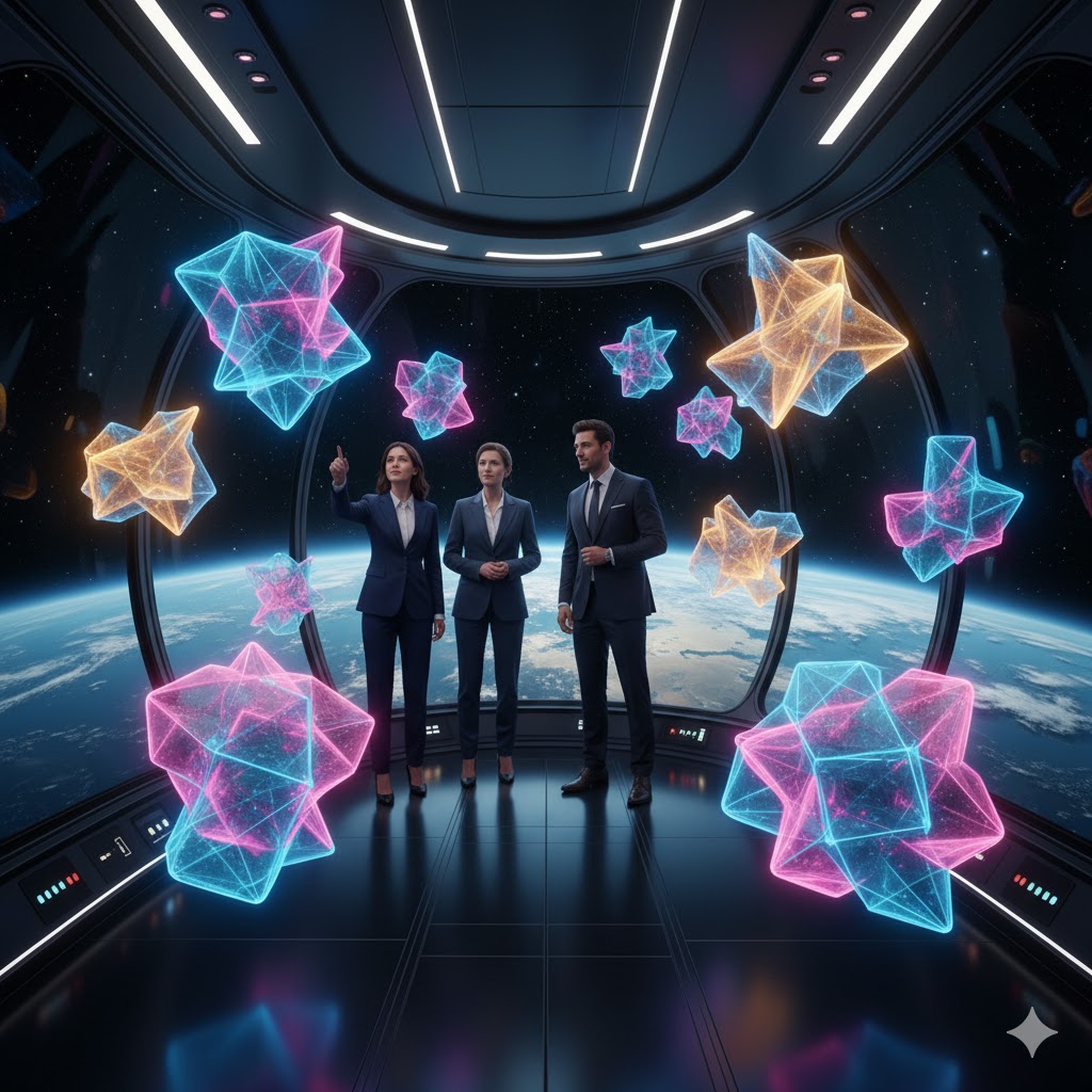 Business tourists observing art in orbit through glass capsule with holographic sculptures floating