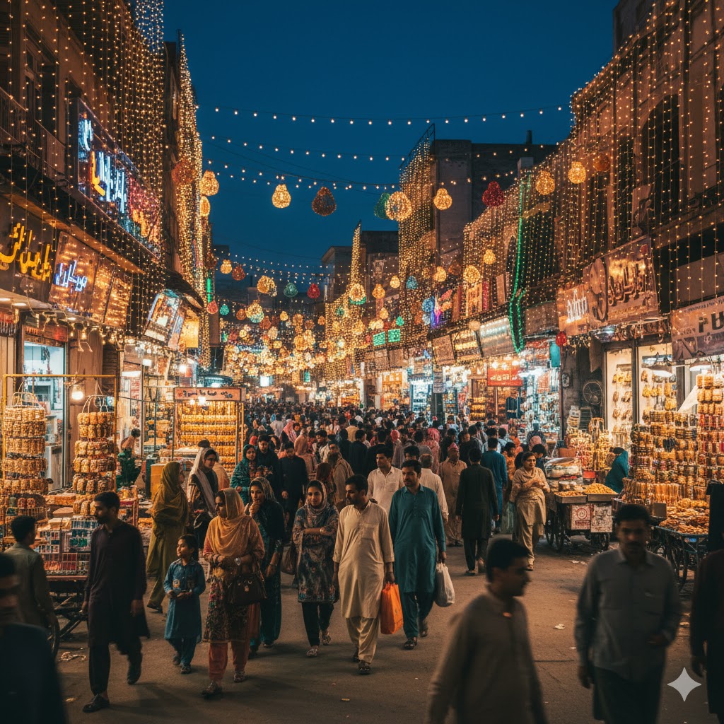 Busy marketplaces filled with lights and shoppers on Chaand Raat night in Pakistan