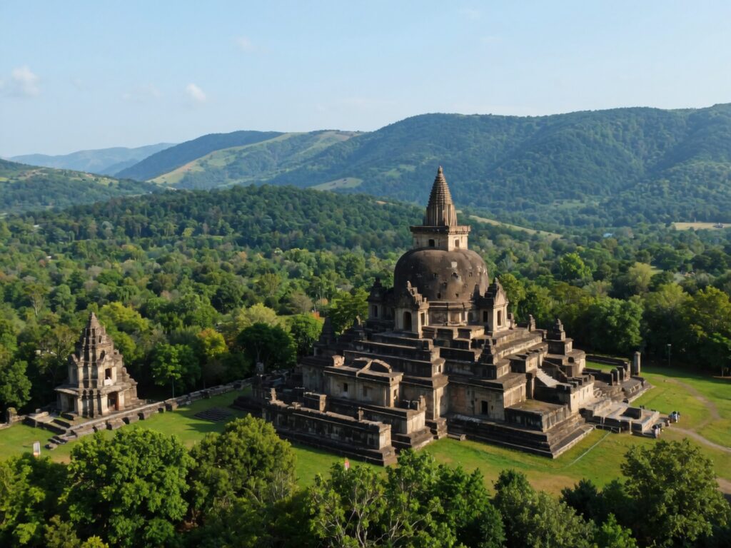 Butkara Stupa ruins surrounded by green hills in Swat Valley, Pakistan.