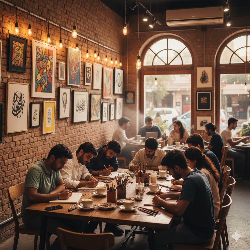 Café gallery interior in Lahore with hanging art pieces and young artists sketching over coffee