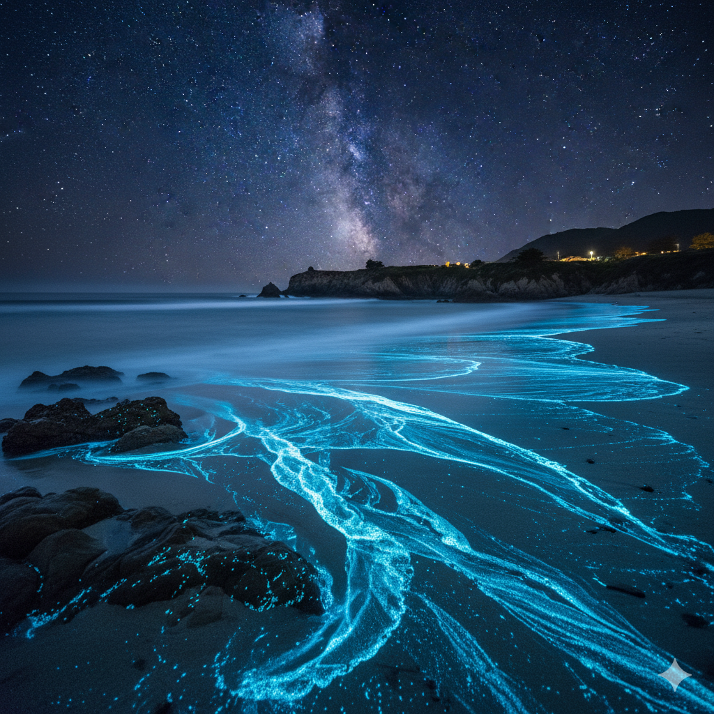 phosphorescent mineral beach California quartz sand glowing