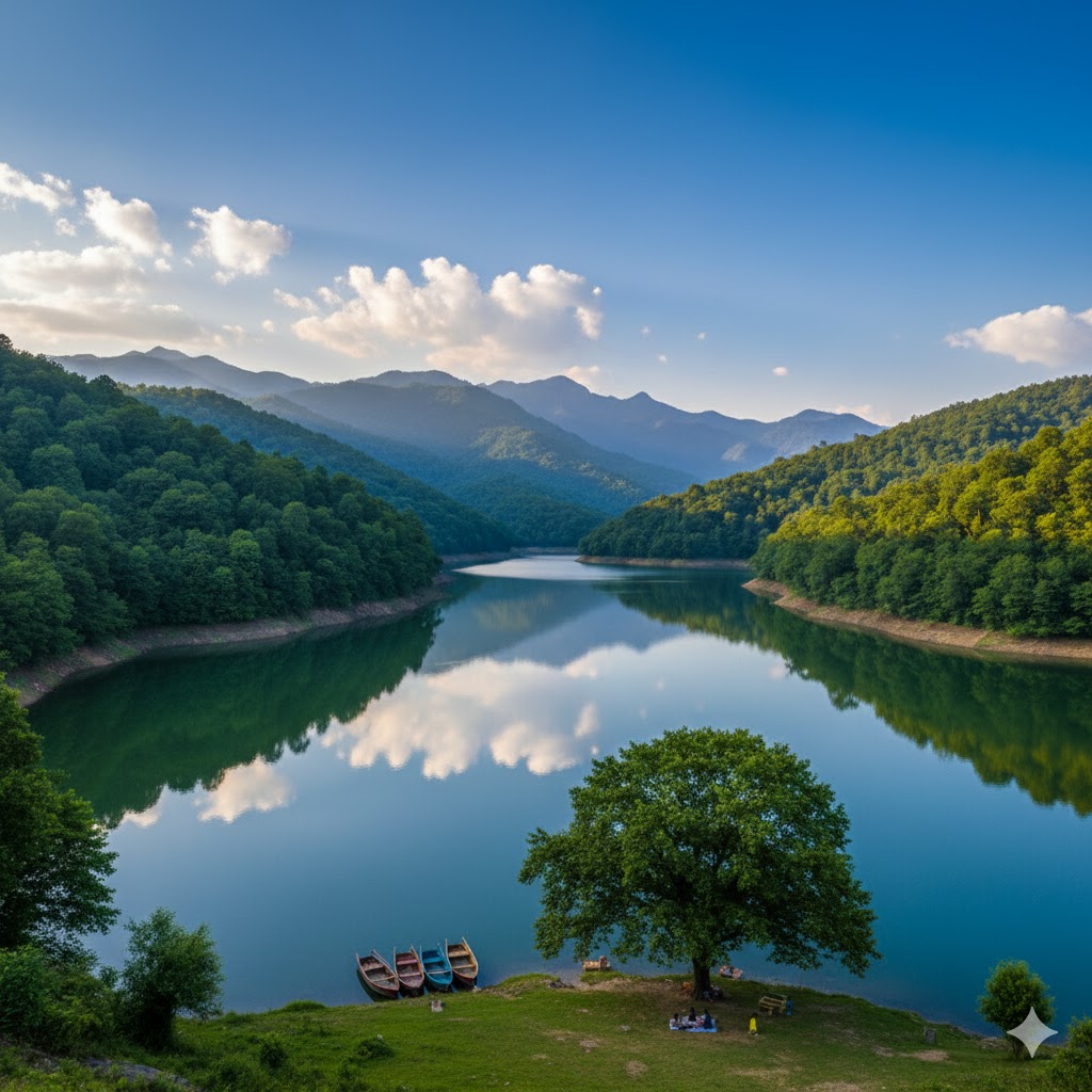 Calm blue waters of Simly Dam surrounded by green forest and hills