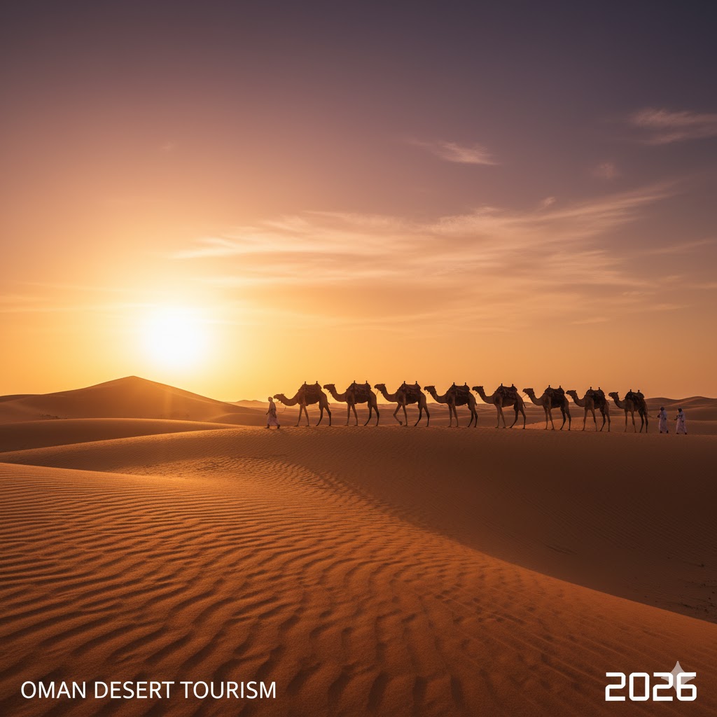 Camel caravan crossing dunes Wahiba Sands Oman 2026 desert tourism