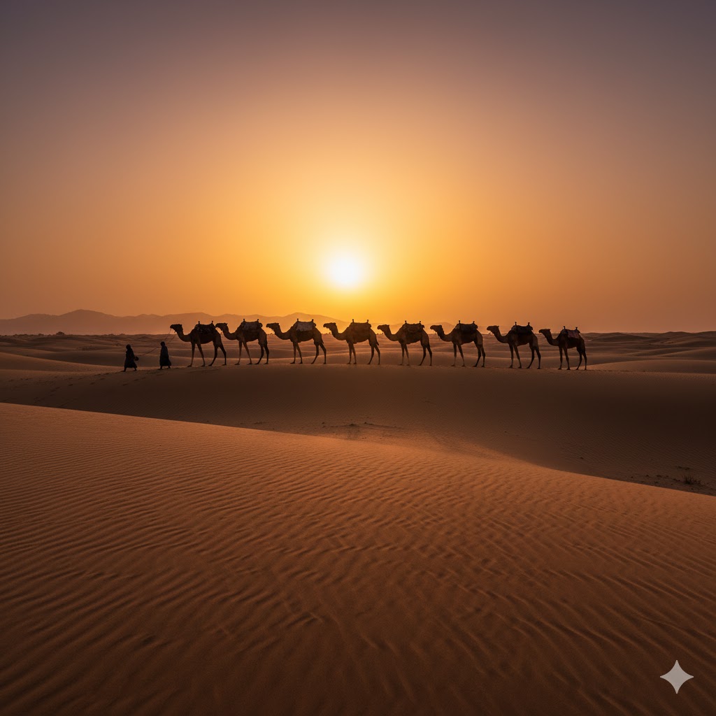 Camel caravan crossing golden Sahara dunes during sunset in Morocco