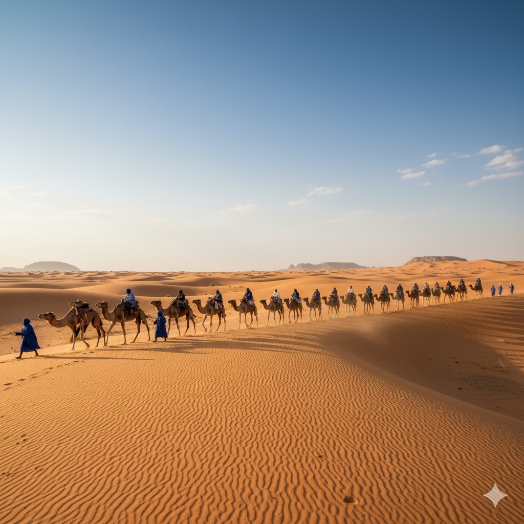 Camel caravan crossing golden dunes near Agadez, Niger.