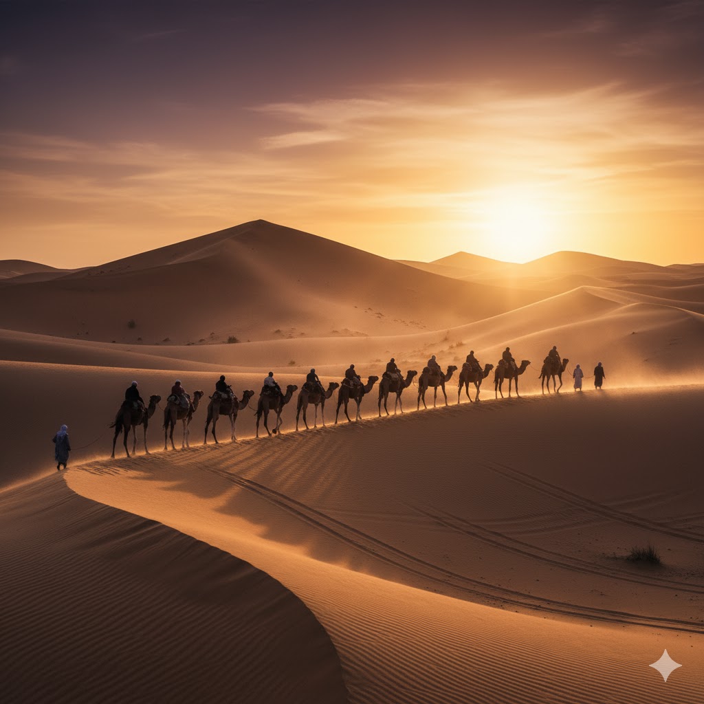 Camel caravan crossing vast sand dunes under golden sunset, Western Sahara