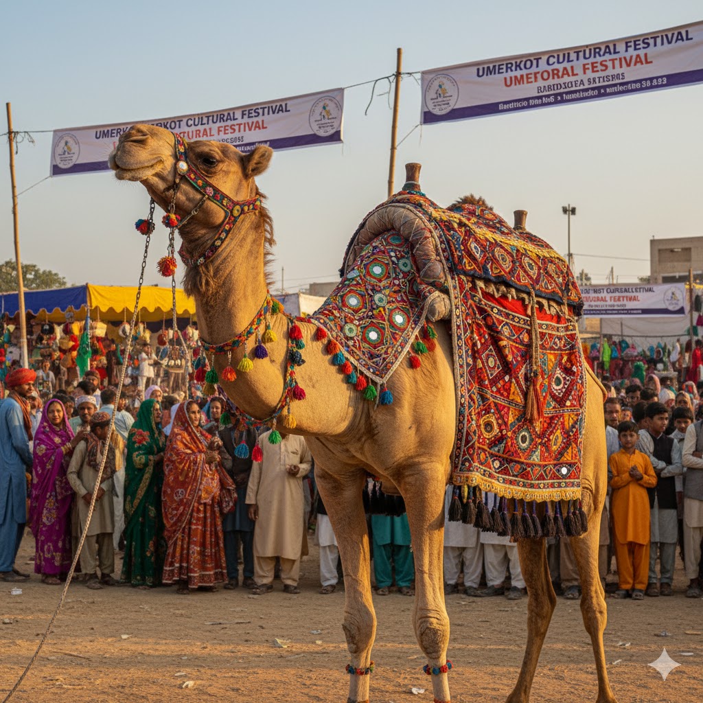 Camel decorated with Sindhi embroidery at Umerkot Cultural Festival.