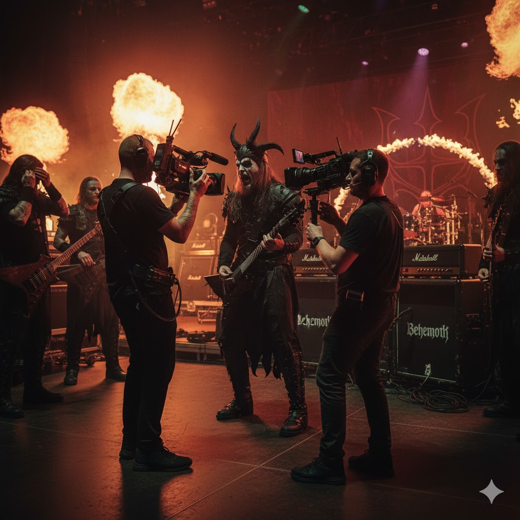 Camera crew filming Behemoth backstage during a concert