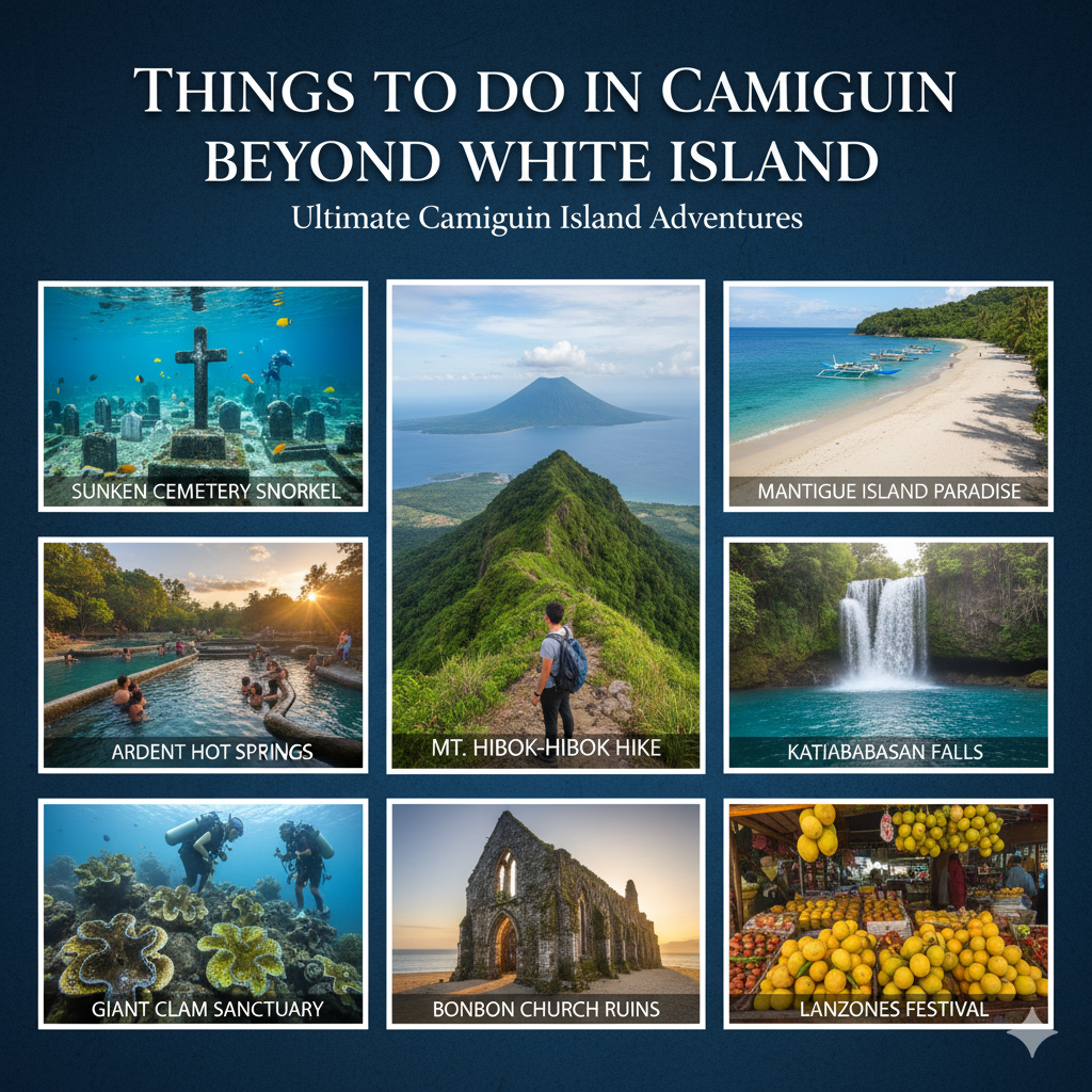 things to do in Camiguin beyond White Island collage featuring waterfalls, hot springs, and Mantigue Island