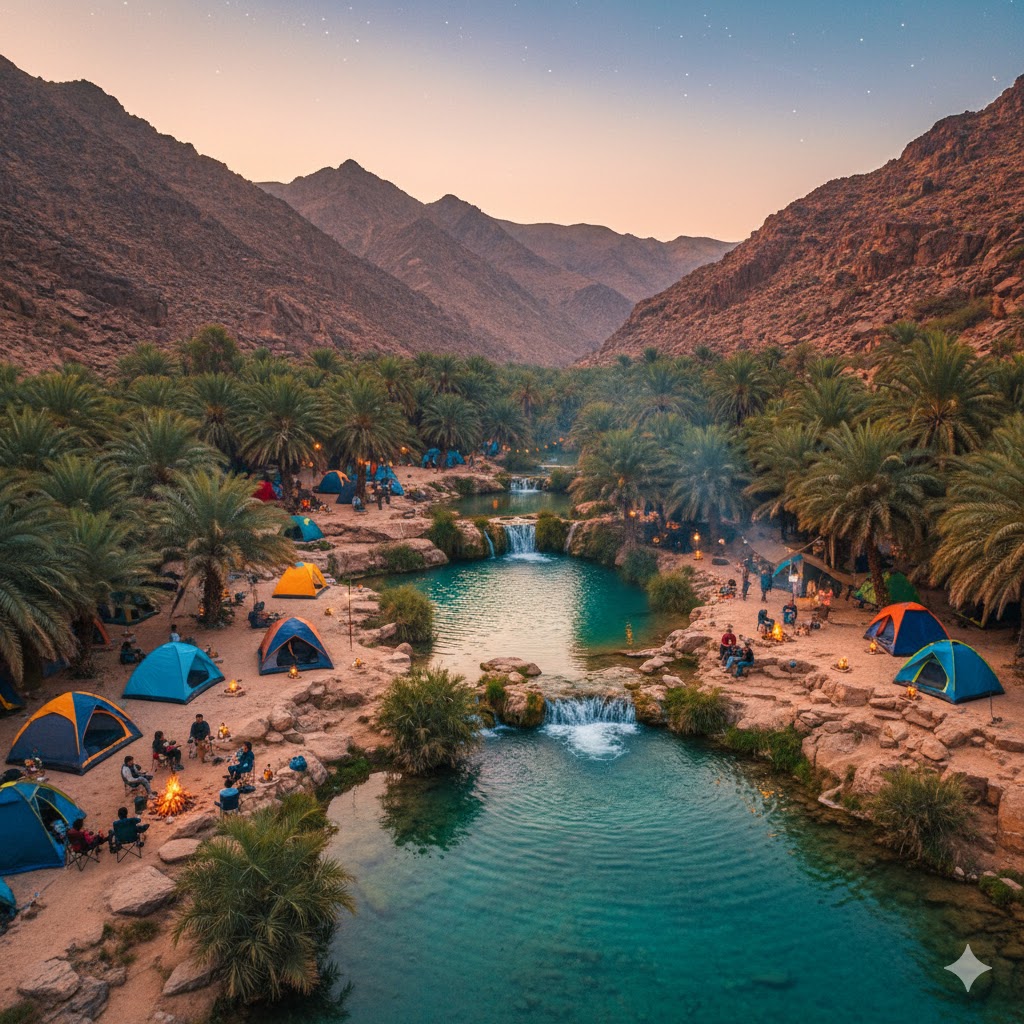 Campers beside turquoise water pools of Moola Chotok during eco-camping fair.