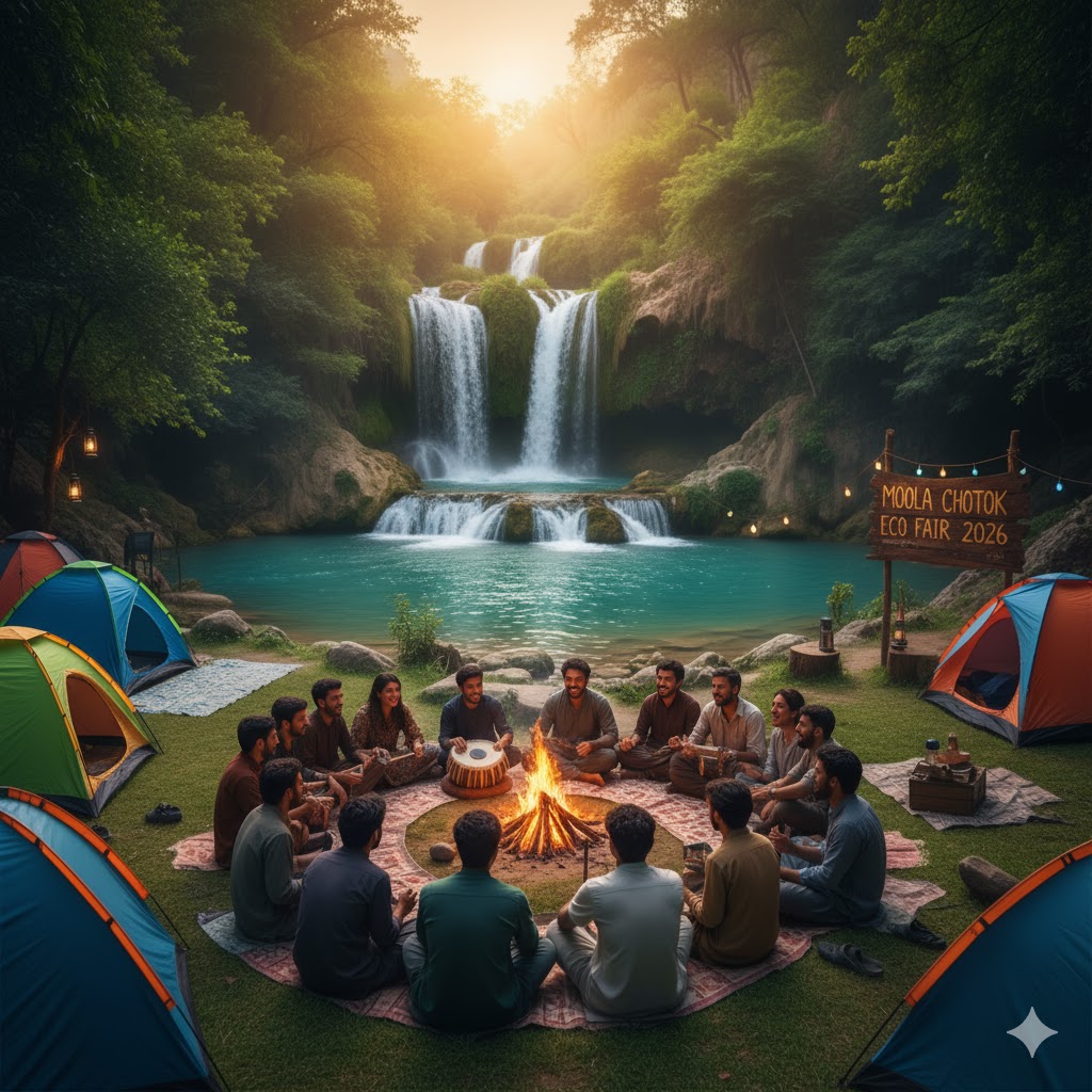 Campers by turquoise waterfall at Moola Chotok Eco Fair 2026