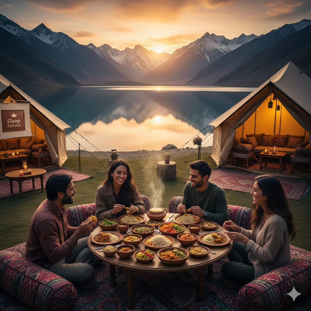Campers enjoying traditional Balti meal at Glamp Pakistan tent site beside Sheosar Lake. Campers enjoying traditional Balti meal at Glamp Pakistan tent site beside Sheosar Lake.
