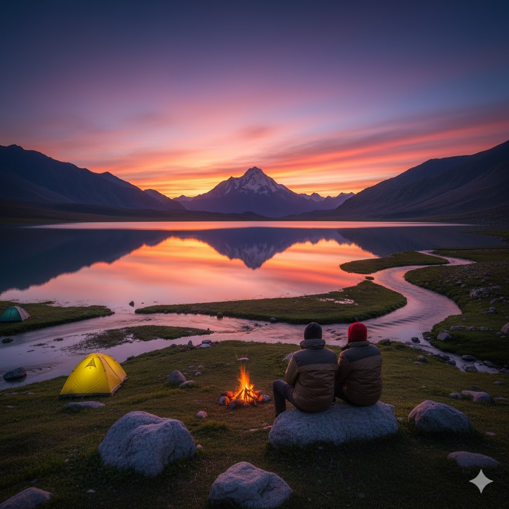 Campers sitting near Sheosar Lake at dawn with Nanga Parbat reflected in the calm water. Campers sitting near Sheosar Lake at dawn with Nanga Parbat reflected in the calm water.
