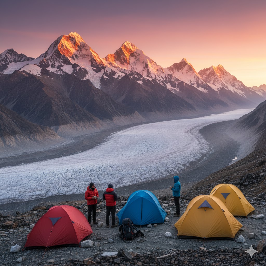  Campers watching sunrise over a glacier in Gilgit Baltistan.