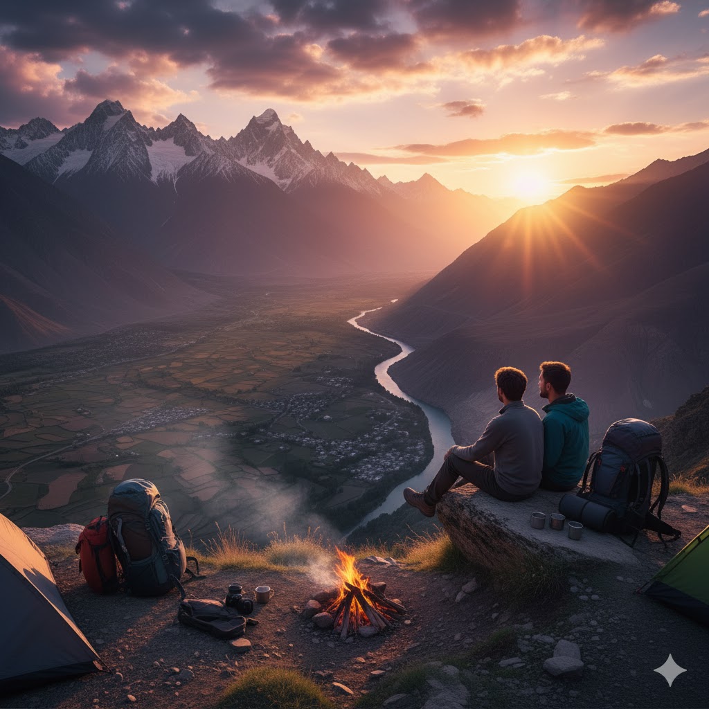 Campers watching sunset from mountain ridge during summer evening in Hunza
