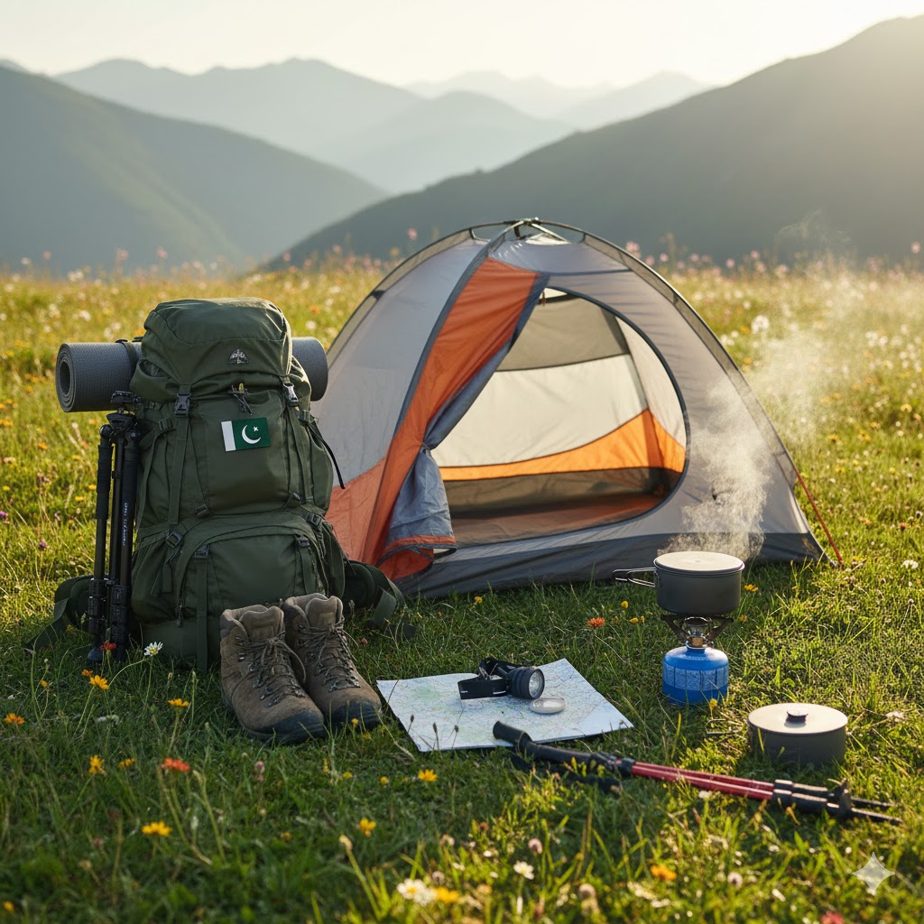 Camping essentials including tent, backpack, stove, and hiking boots laid out on grass. Camping essentials including tent, backpack, stove, and hiking boots laid out on grass.