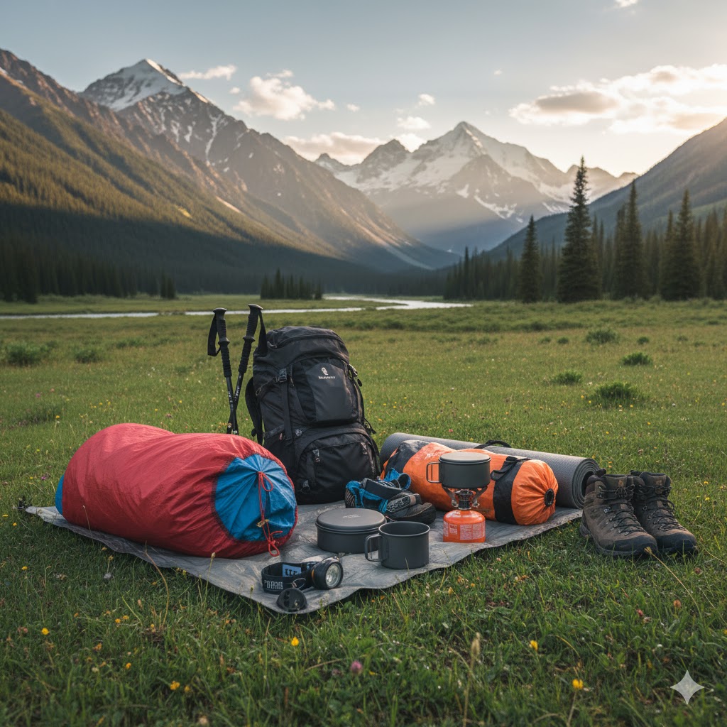 Camping gear neatly arranged on grass before setting up tent in mountain valley