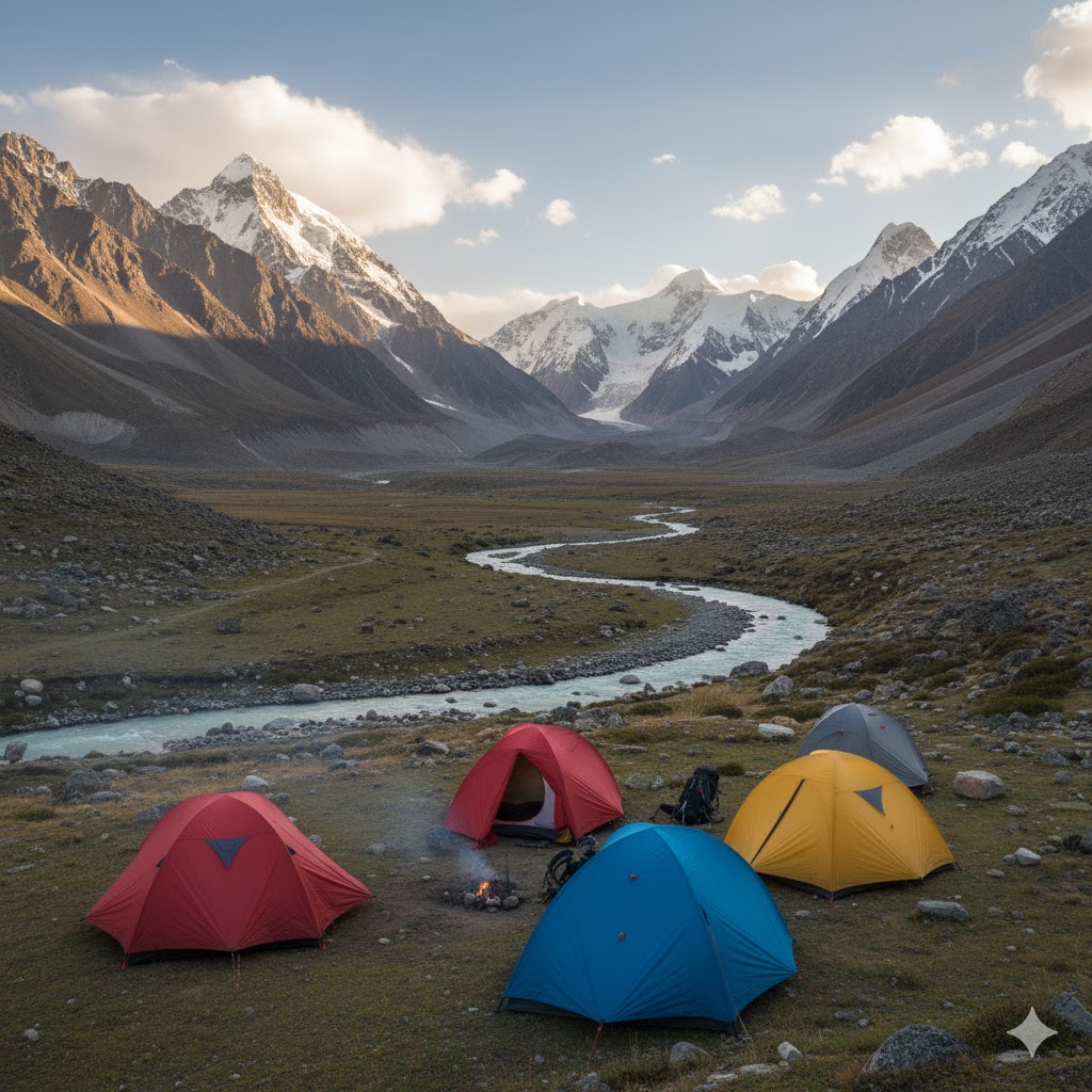 Camping tents set up in a remote valley in Gilgit Baltistan.