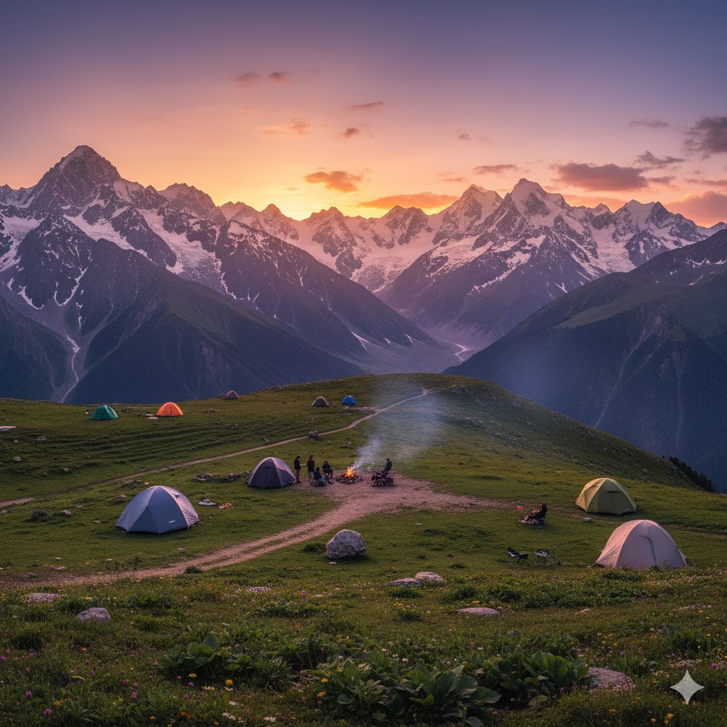 Campsite with tents set up in Shogran Plateau surrounded by mountains at sunset