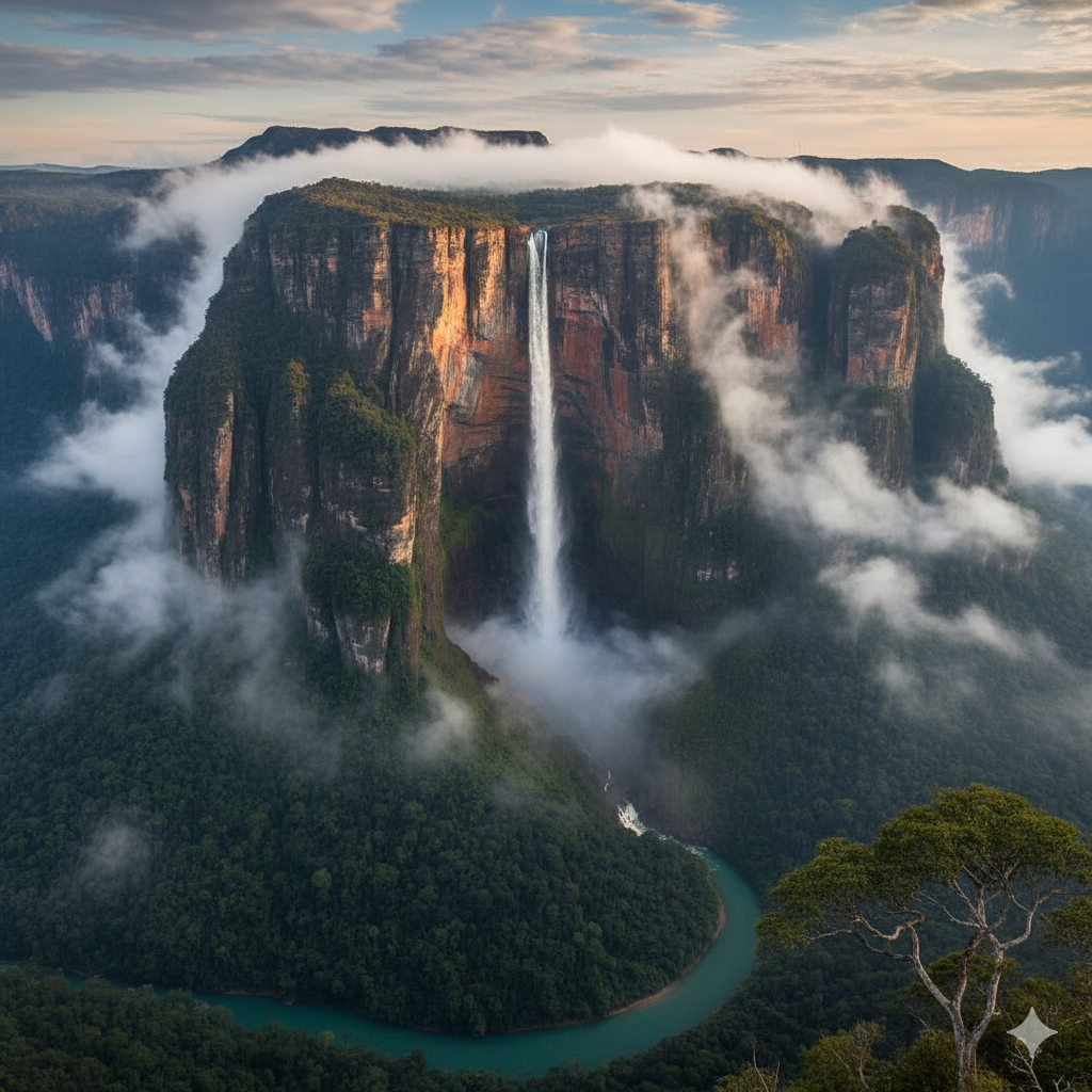 Canaima National Park tepui cliffs and mist at Angel Falls