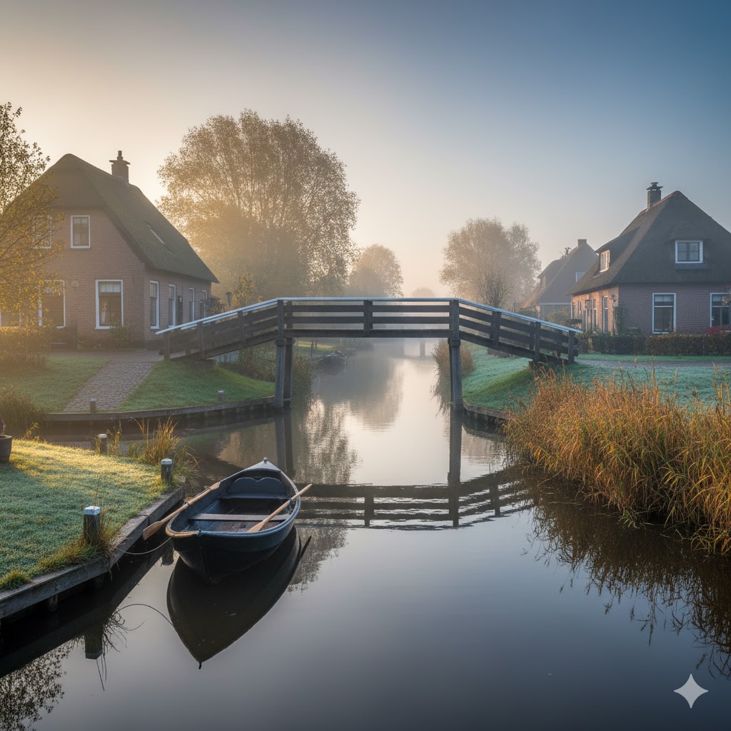 Canal and wooden bridge in Giethoorn, Netherlands, village frozen in time