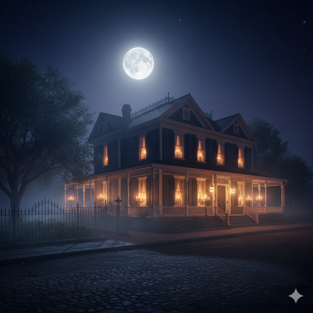 Candlelit Victorian house with glowing windows under a full moon in Old Town San Diego. 