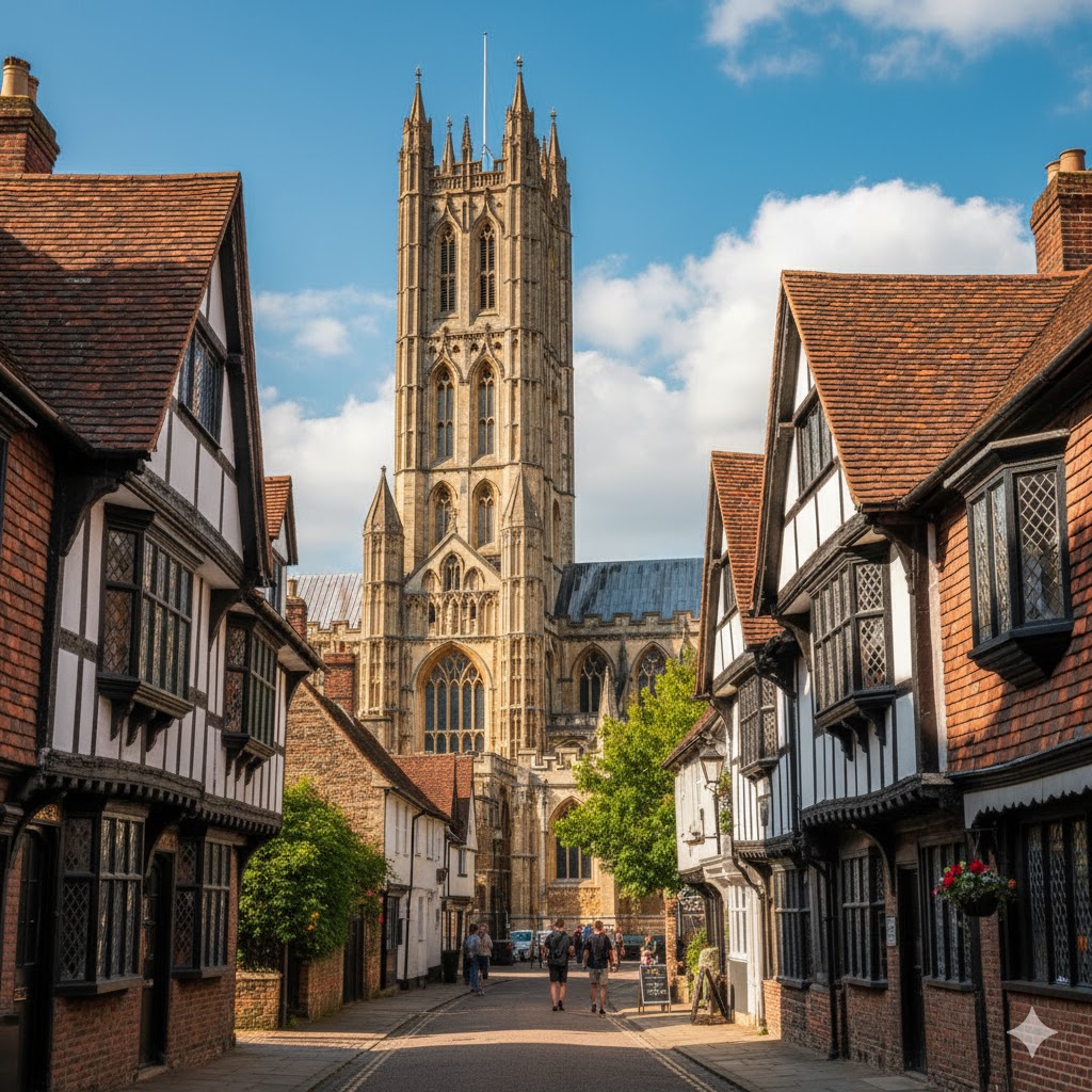 Canterbury Cathedral tower rising above old timbered houses on a sunny day