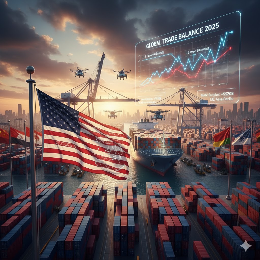 Cargo containers and U.S. flag showing global trade balance 2025