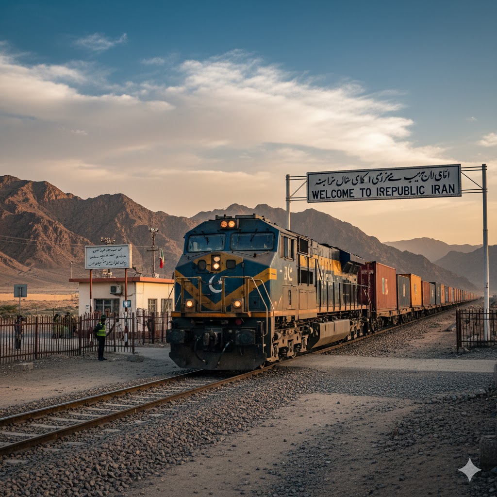 Cargo containers on freight train entering Iran from Taftan border post. 