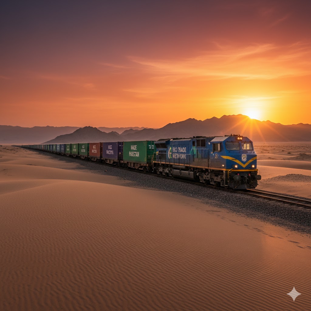 Cargo train passing through Iranian desert at sunset, symbolizing revived rail trade.