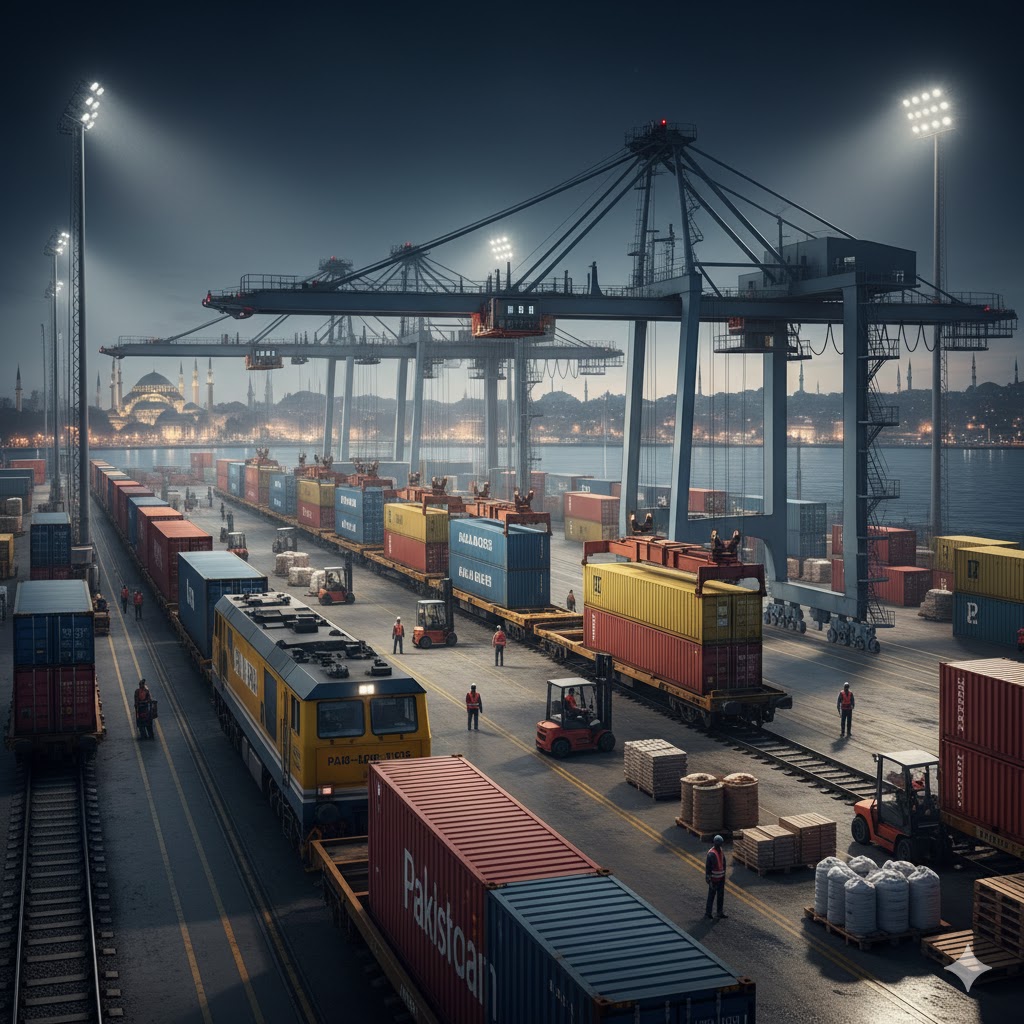 Cargo unloading from train at Istanbul terminal showing trade goods from South Asia.