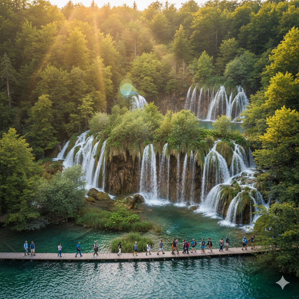 Cascading waterfalls and turquoise lakes at Plitvice Lakes National Park, Croatia. 