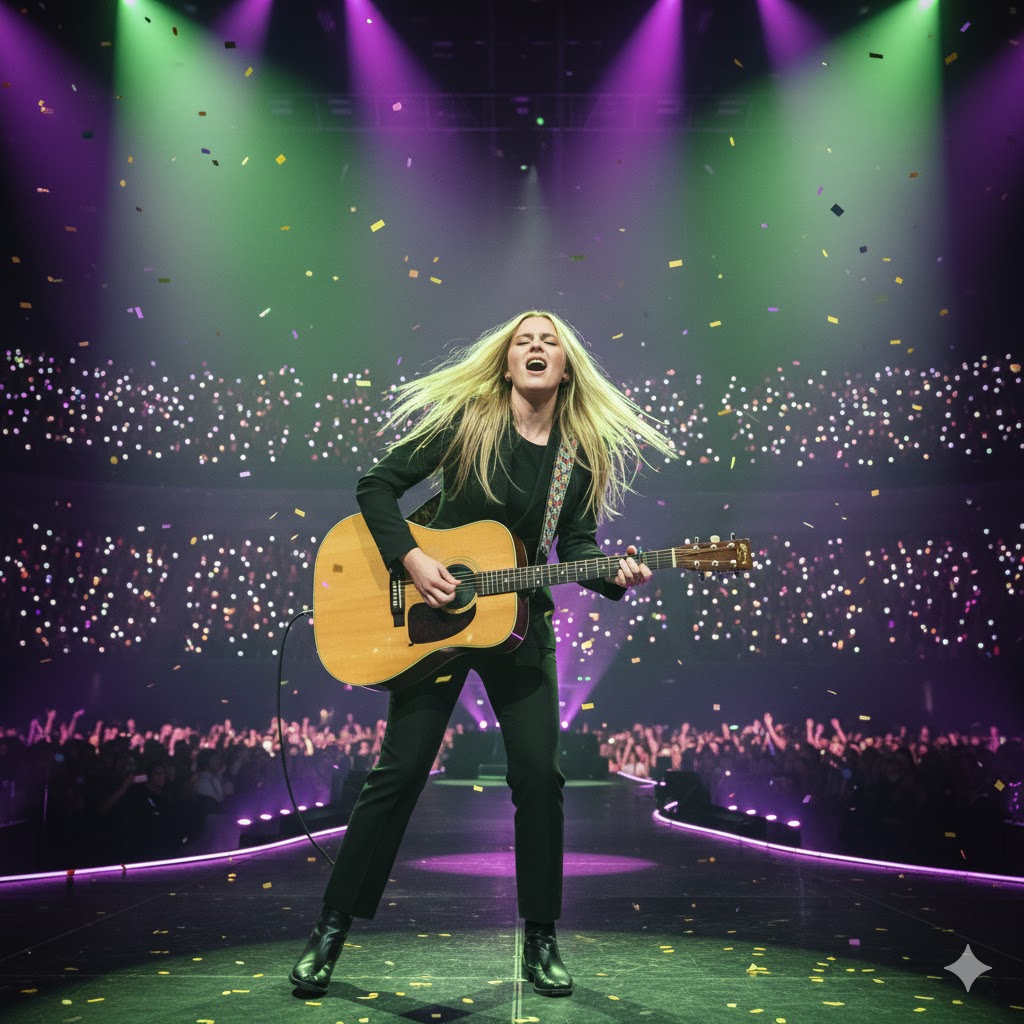 Cassie Henderson performing under neon green and purple stage lights, guitar in hand. Cassie Henderson performing under neon green and purple stage lights, guitar in hand.