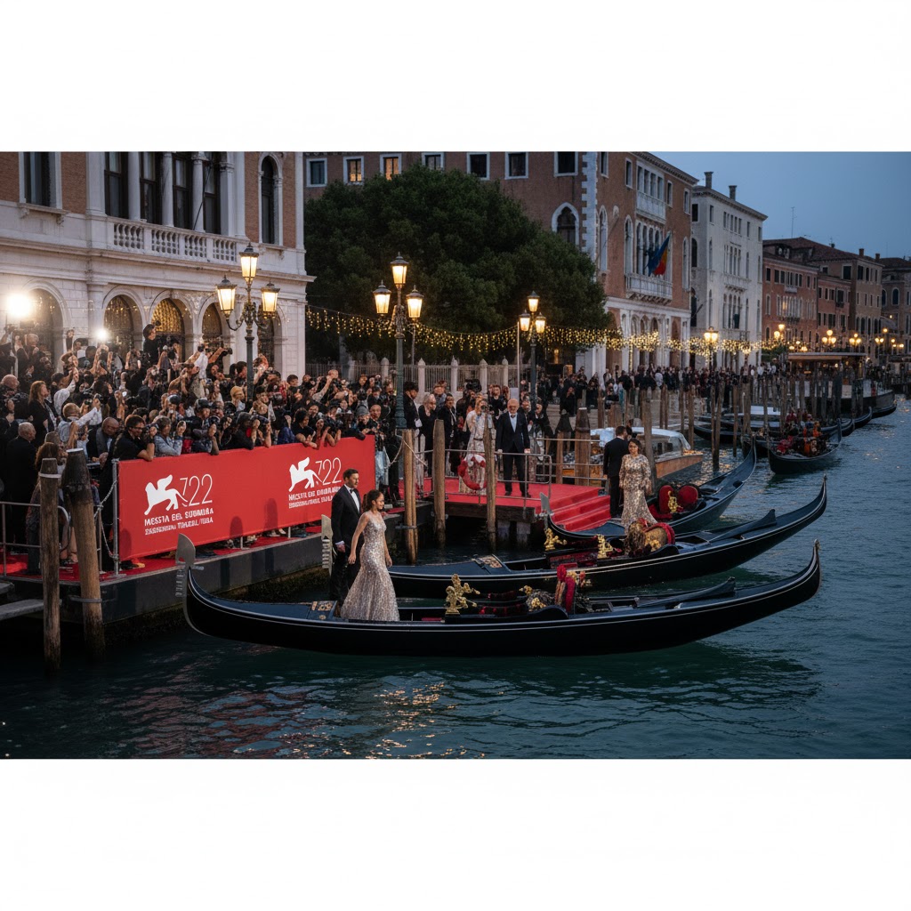 Celebrities arriving by gondola at Venice Film Festival 2026, Italy
