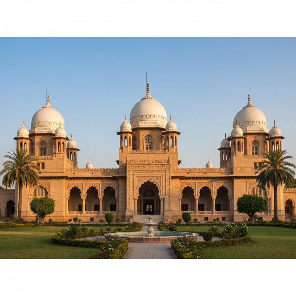 Central Library Bahawalpur’s Indo-Saracenic architecture with white domes and arched colonnades. Central Library Bahawalpur’s Indo-Saracenic architecture with white domes and arched colonnades.