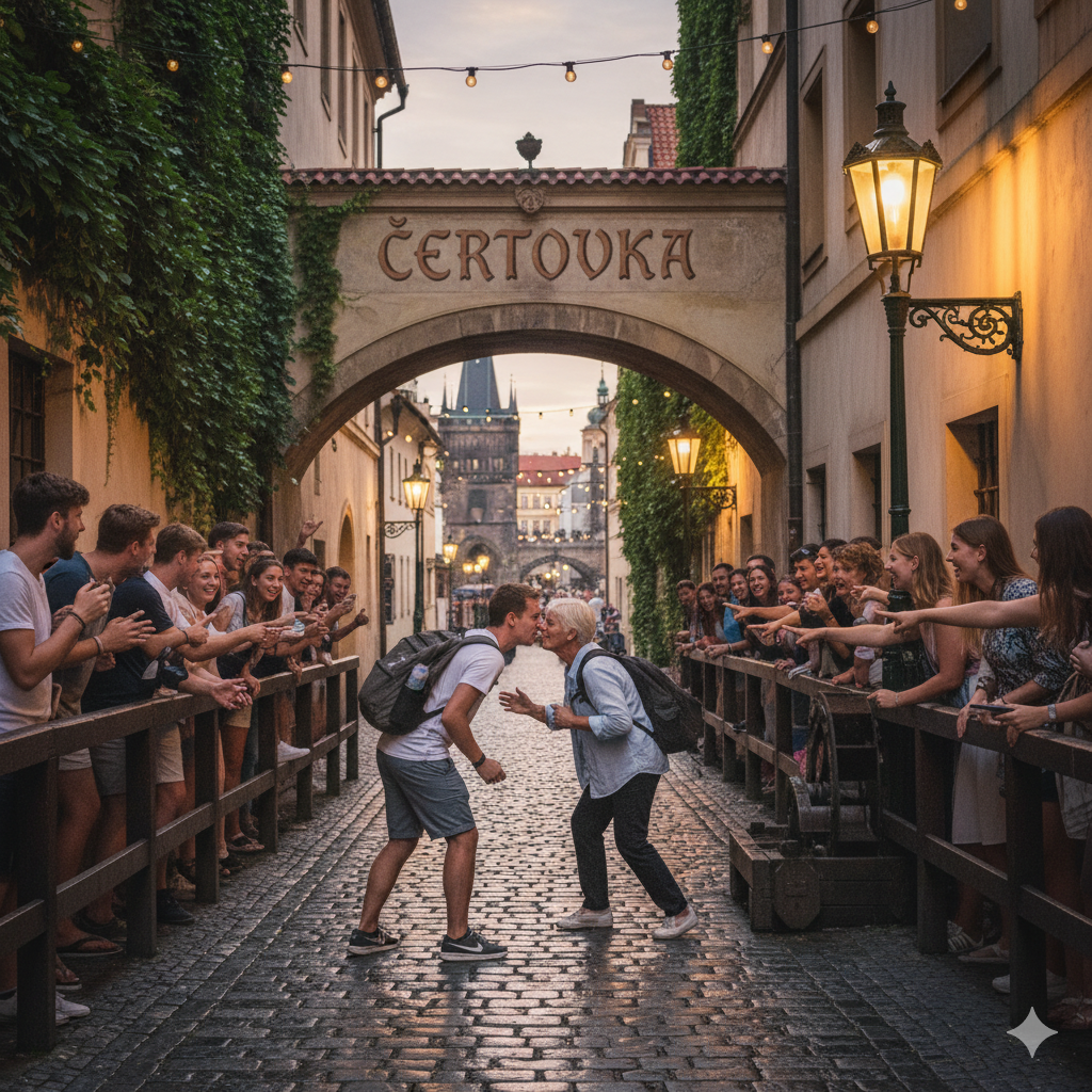 Čertovka shuffle - face-to-face in the middle of the alley - classic Prague problem