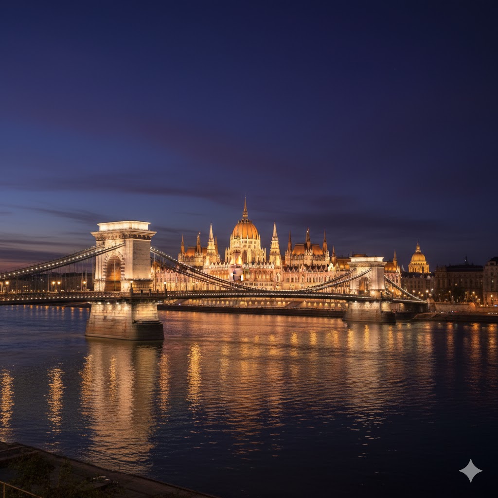 Chain Bridge and Parliament at night in Budapest, Hungary