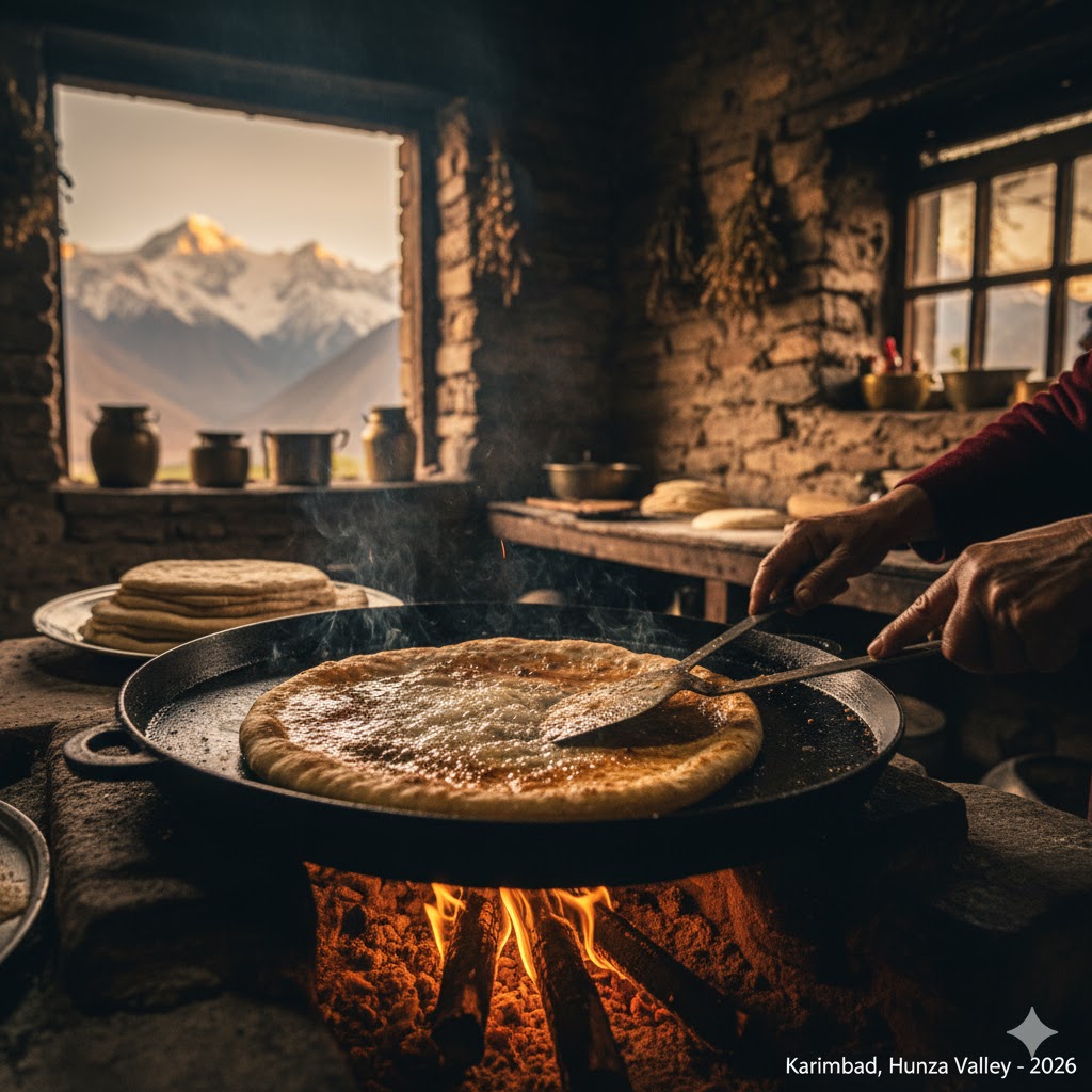 Chapshuro sizzling on a hot pan in Karimabad, Hunza Valley