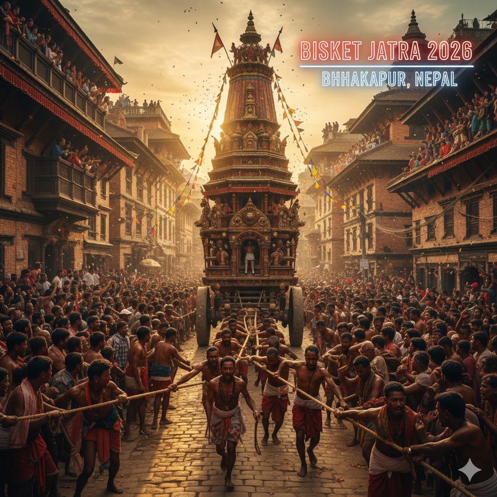 Chariot procession during Bisket Jatra 2026 in Bhaktapur, Nepal