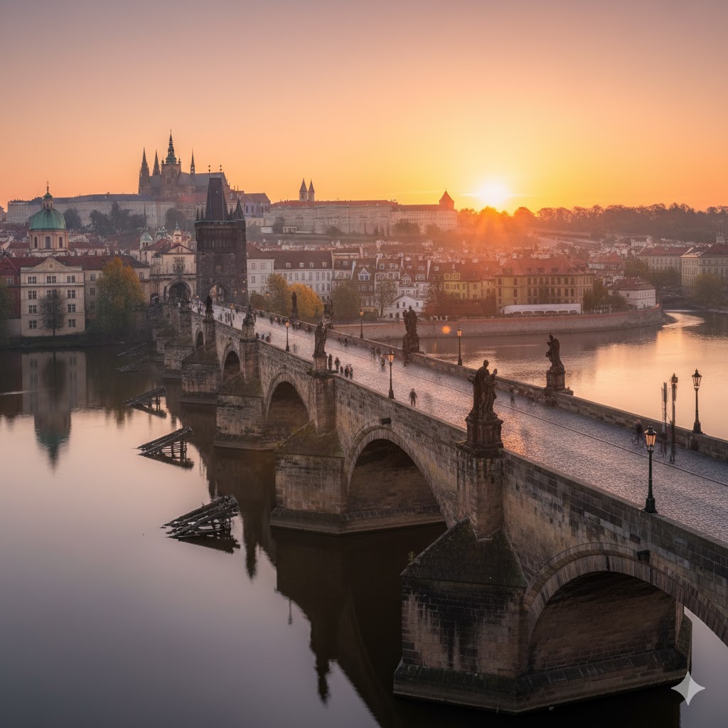 Charles Bridge at sunrise over Vltava River, Prague