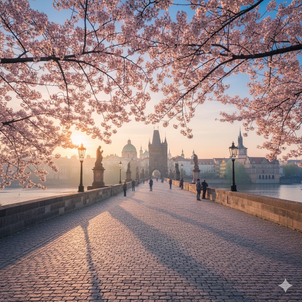 Charles Bridge in Prague during sunrise with cherry blossoms in the foreground