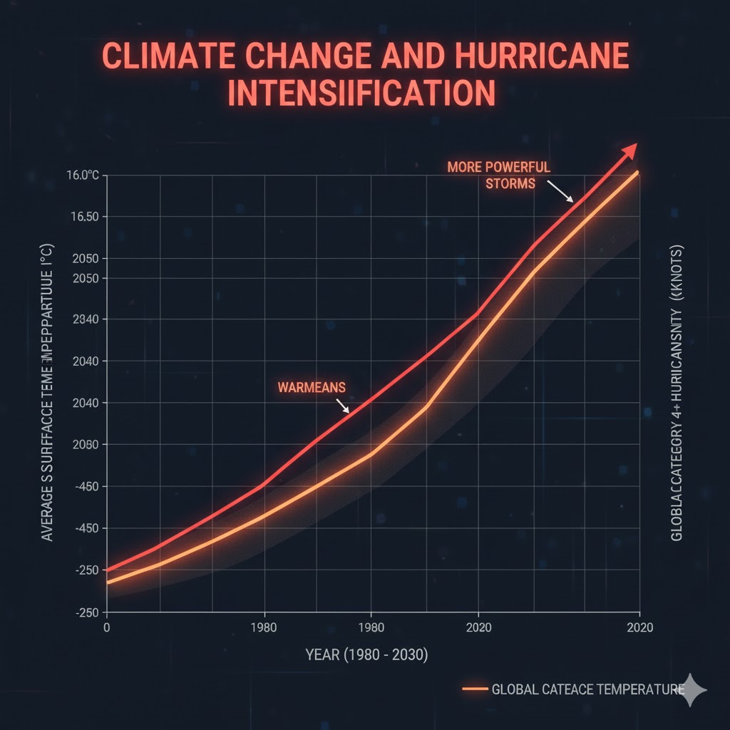 Chart showing rising sea temperatures and correlation with increasing hurricane intensities.
