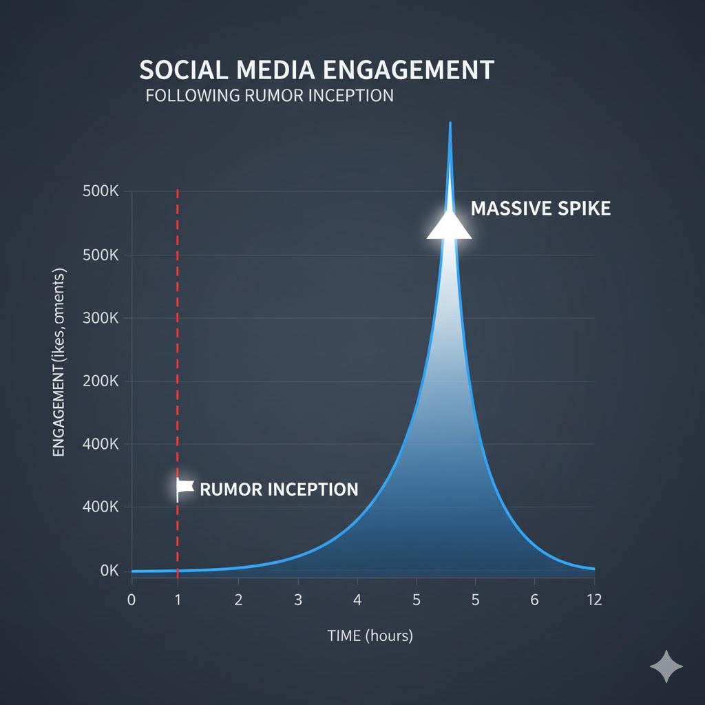 Chart showing spike in social media engagement following rumor inception Chart showing spike in social media engagement following rumor inception
