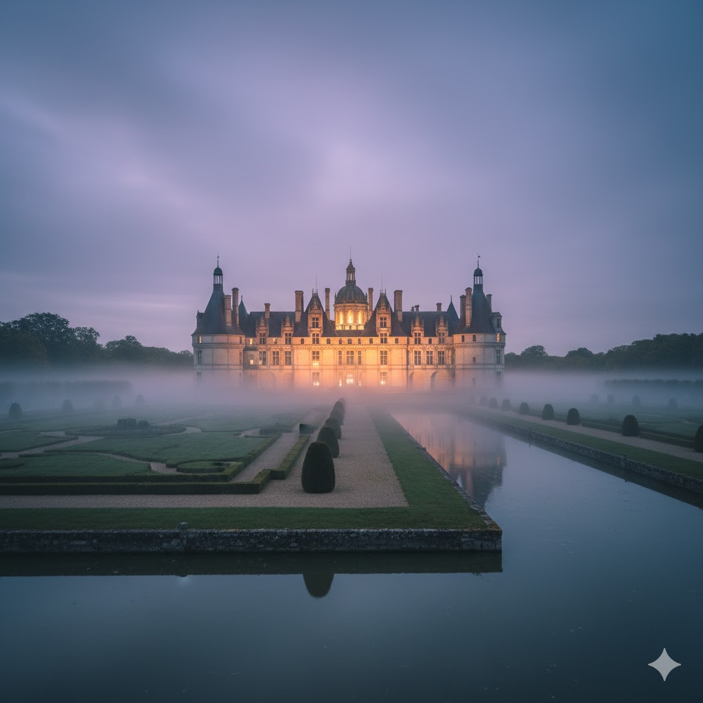 Château de Brissac at twilight with its windows glowing amid misty gardens. 
